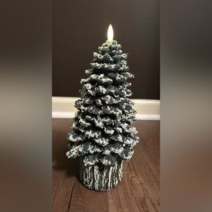 Flameless Flickering LED Light Christmas Tree Wax Candle Snow Dusted 11”x 5”